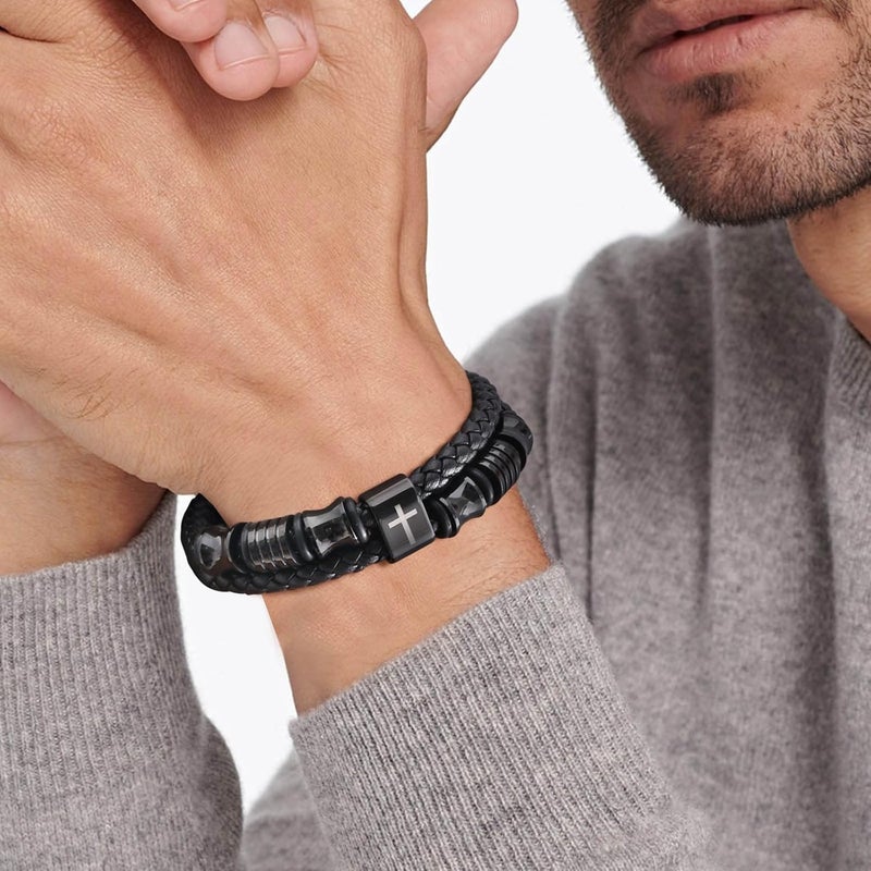 TempBeau Store Christian Black Leather Bracelet for Men - Double-Row Braided Leather Faith Cross Bracelets for Men Jewelry Gift Religious Baptism Easter Gifts for Young Men Teenage,Adjustable Wristband - Image 3